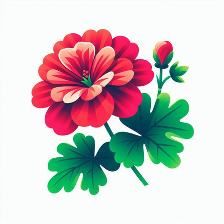 Geranium flower vector illustration isolated on white background. Red and green geranium.のイラスト素材