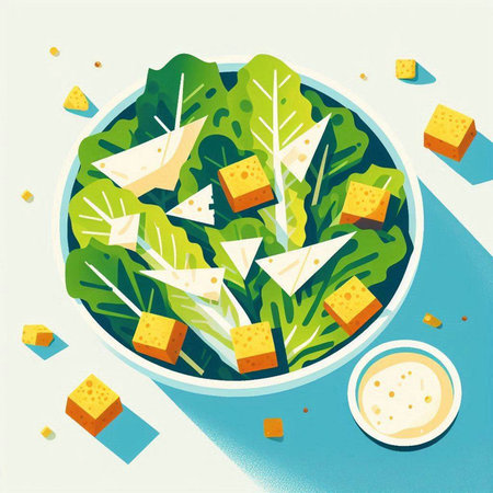 Salad with cheese and arugula. Vector illustration in a flat style.のイラスト素材