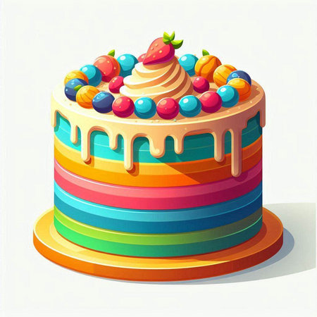 Illustration of a colorful birthday cake with cream and berries on topのイラスト素材