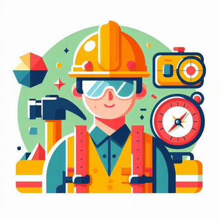 Worker in hardhat and helmet with tools. Flat style vector illustration.のイラスト素材