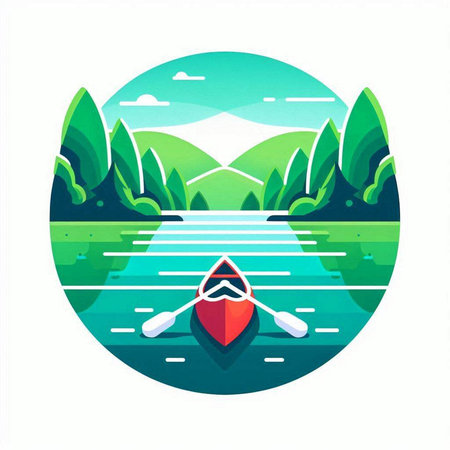 Kayak on the river in the forest. Vector illustration in flat style.のイラスト素材