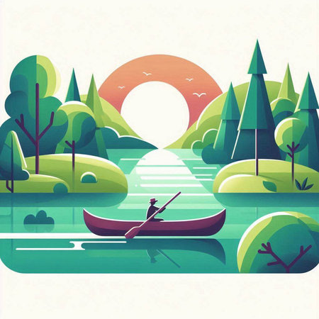 Summer landscape with a boat on the river and trees. Vector illustration.のイラスト素材