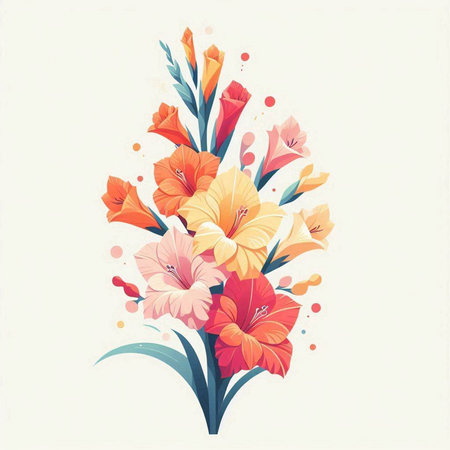 Greeting card with colorful gladiolus flowers. Vector illustration.のイラスト素材