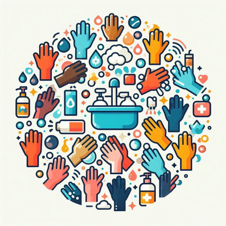 Hand sanitizer concept in circle shape. Vector illustration in thin line style.のイラスト素材