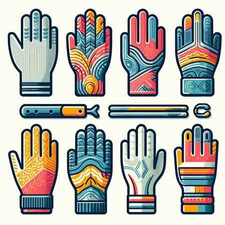 Vector set of hand drawn gloves. Colorful illustration in retro style.のイラスト素材
