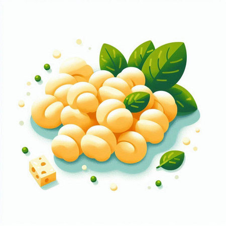 Illustration of a bunch of macaroni with green leaves and cheeseのイラスト素材
