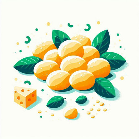 Illustration of orange fruit with green leaves and cheese on white backgroundのイラスト素材