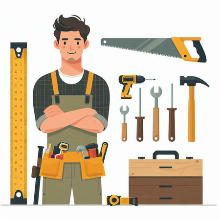 Carpenter with tools and instruments. Vector illustration in cartoon styleのイラスト素材