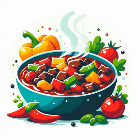 Hungarian goulash with vegetables in a bowl. Vector illustration.のイラスト素材
