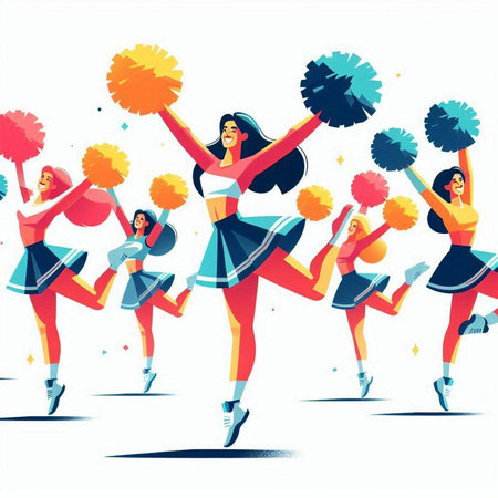 Cheerleaders with pompoms. Cheerful cheerleaders. Vector illustrationのイラスト素材