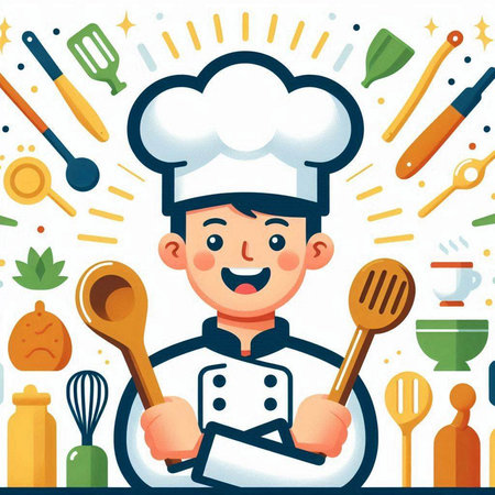 Chef with cooking tools. Vector illustration in flat cartoon style.のイラスト素材