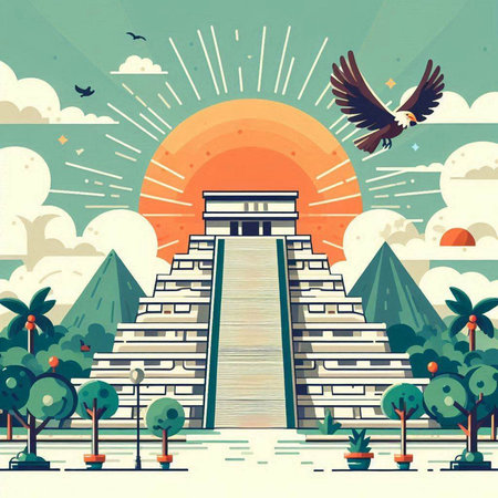 Ancient Mayan pyramid with sun and birds. Vector illustration in flat styleのイラスト素材