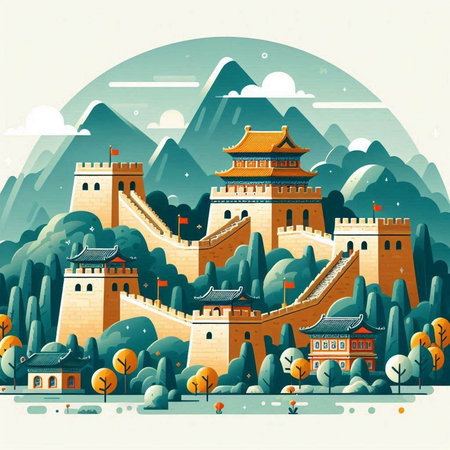 Ancient Chinese city landscape in flat style. Colorful vector illustration.のイラスト素材