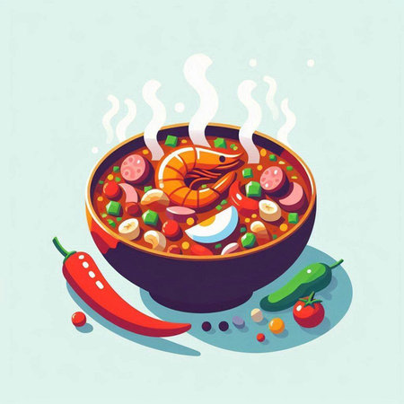 Illustration of a bowl of spicy soup with shrimps and vegetablesのイラスト素材