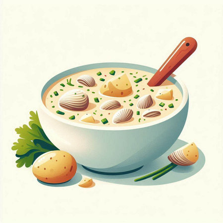 Creamy soup with dumplings in a bowl. Vector illustration.のイラスト素材