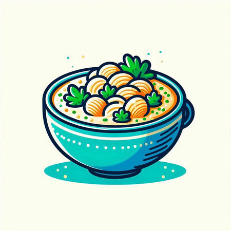 Illustration of bowl of chicken noodle soup. Hand drawn vector illustration.のイラスト素材