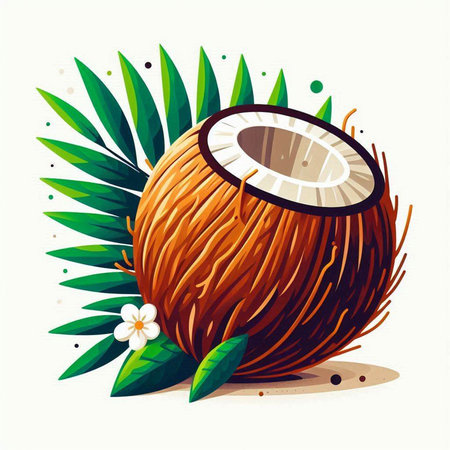 Coconut with leaves isolated on white background. Vector illustration.のイラスト素材