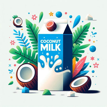Coconut milk in a box and leaves. Vector illustration.のイラスト素材