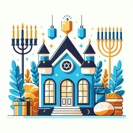Jewish holiday Hanukkah greeting card with synagogue, menorah, candelabra and donuts. Vector illustration.のイラスト素材