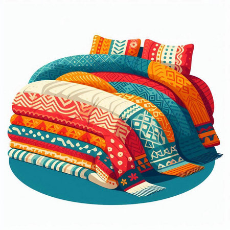 Illustration of a stack of colorful pillows on a white backgroundのイラスト素材