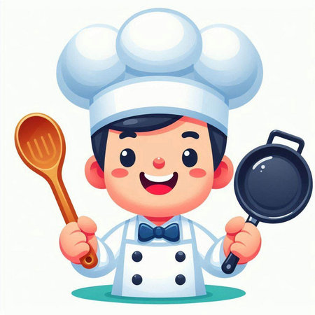 Cartoon chef with a pan and ladle. Vector illustration.のイラスト素材