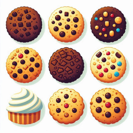 Illustration of a set of chocolate chip cookies and cupcakes.のイラスト素材