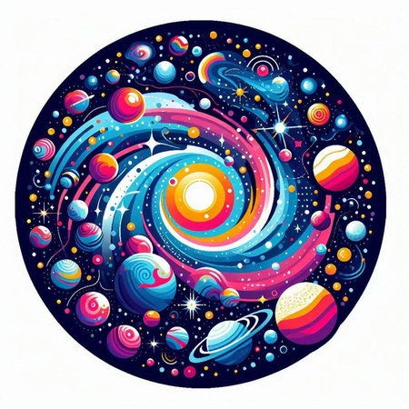 Cosmic background with planets, stars and galaxies. Vector illustration.のイラスト素材