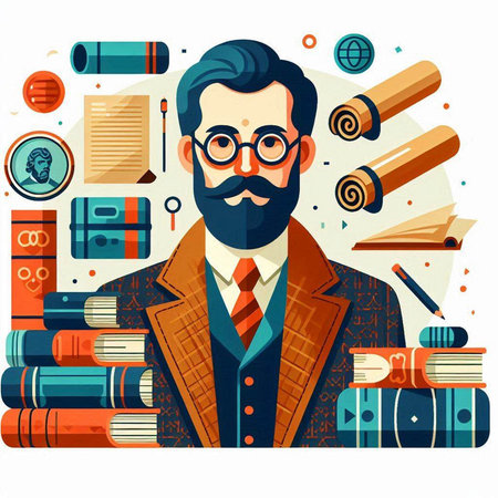 Vector illustration of a man in a business suit and glasses with a lot of books.のイラスト素材