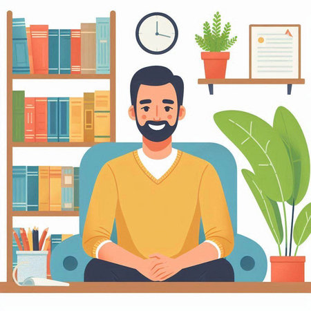 Man sitting on bookshelf in office and looking at camera. Flat vector illustration.のイラスト素材