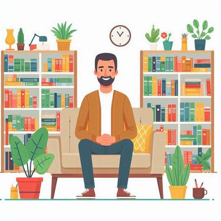 Man sitting on sofa in library. Vector illustration in flat style.のイラスト素材