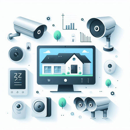 Real estate and security concept. Computer monitor with house and CCTV camera. Vector illustrationのイラスト素材