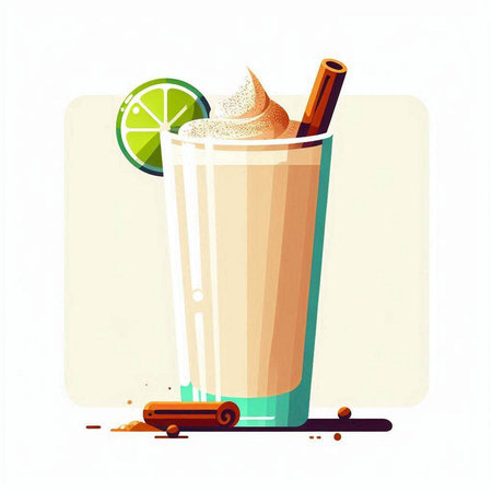 Vector illustration of a glass of milkshake with whipped cream and cinnamonのイラスト素材