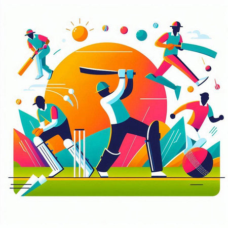 Cricket players in action. Vector illustration of batsman playing cricket.のイラスト素材