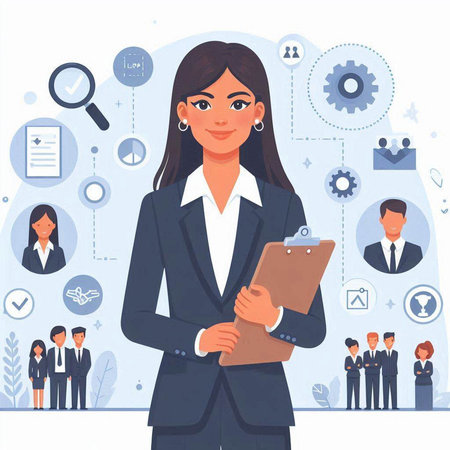 Businesswoman with clipboard standing in front of business people. Vector illustrationのイラスト素材