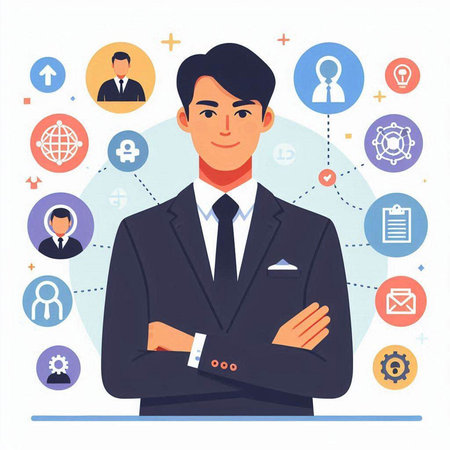 Businessman standing with arms crossed. Vector illustration in flat style.のイラスト素材