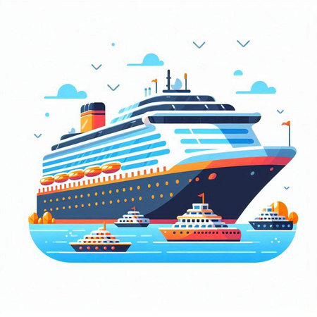 Cruise ship on the water. Vector illustration in flat style.のイラスト素材