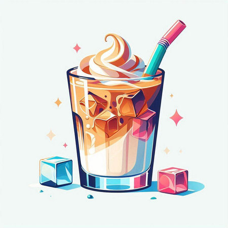 Iced coffee with ice cubes and a straw. Vector illustration.のイラスト素材