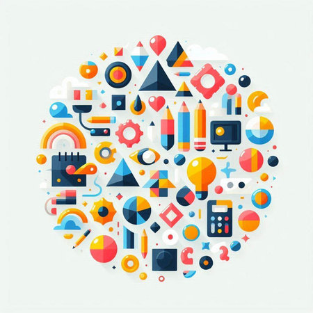 Colorful abstract geometric background in the form of a circle with different objects.のイラスト素材