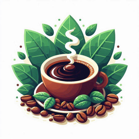 Cup of coffee with green leaves on white background. Vector illustration.のイラスト素材