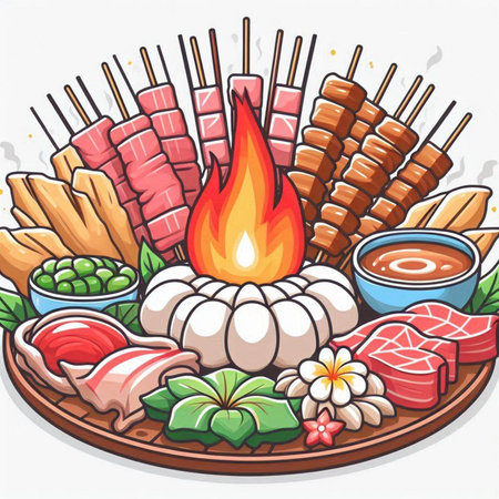 Illustration of a set of Asian food in a wooden plate.のイラスト素材