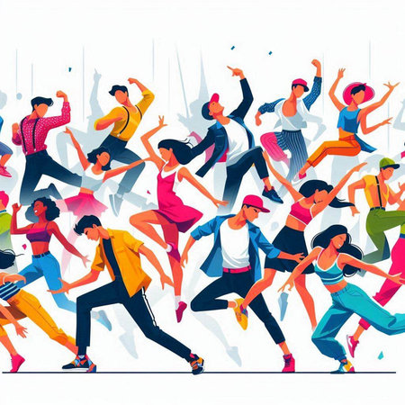 Crowd of dancing people. Colorful vector illustration in flat style.のイラスト素材