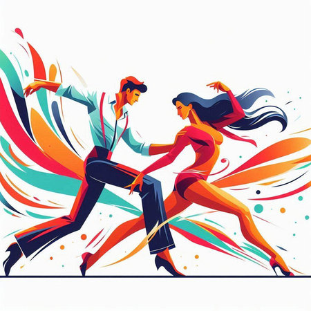 Couple dancing tango on abstract colorful background. Vector illustration.のイラスト素材