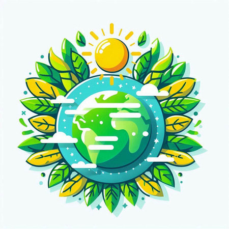 Vector illustration of planet earth with green leaves and sun on white backgroundのイラスト素材