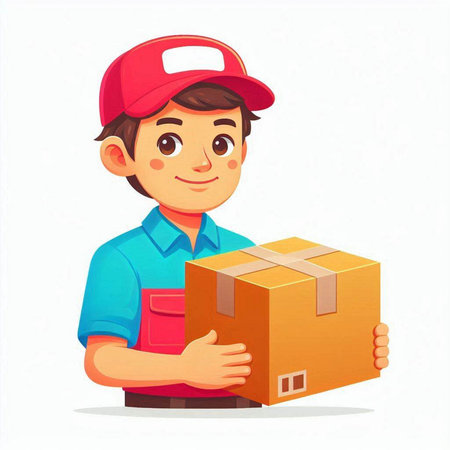 Courier with cardboard box. Vector illustration in cartoon style.のイラスト素材