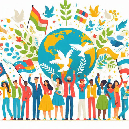 International Day of Peace concept. Group of people with international flags and symbols. Vector illustrationのイラスト素材