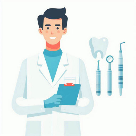 Dentist man with stomatology tools. Vector illustration.のイラスト素材