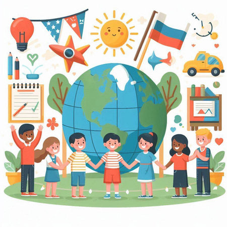 Happy children with globe in the classroom. Vector illustration in cartoon style.のイラスト素材