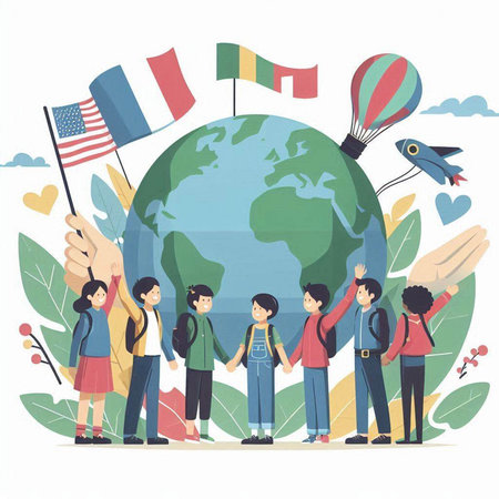 Children holding flags of countries around the world. Flat vector illustration.のイラスト素材