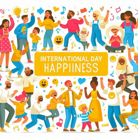 International Day of Happiness banner with people in flat style. Vector illustrationのイラスト素材