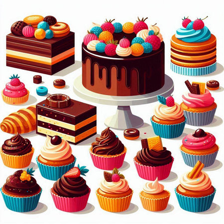 Set of different cupcakes, cakes and sweets. Vector illustration.のイラスト素材